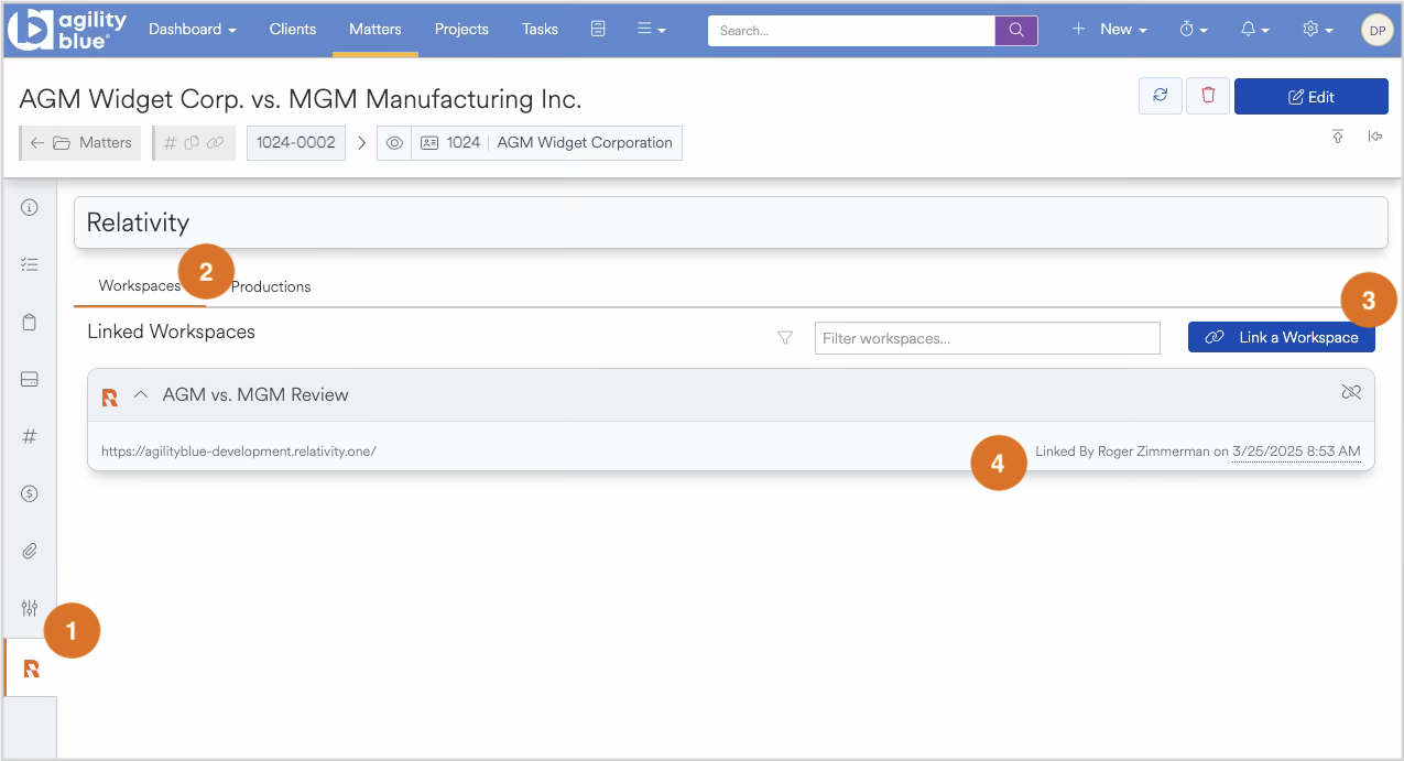 Relativity interface showing linked workspaces for AGM Widget Corp. vs. MGM Manufacturing.